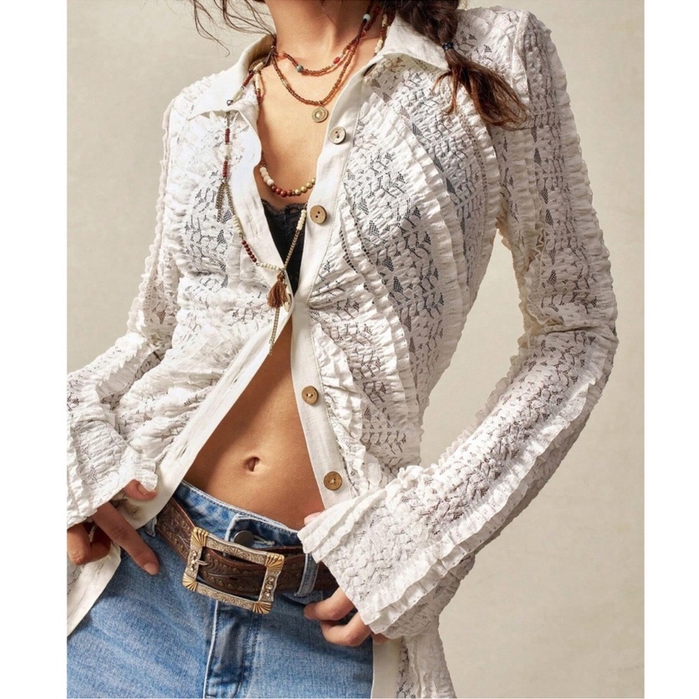 Plus Boho White Ruffle Detail Button Down Long Sleeve Top 1X 2X 3X 4X